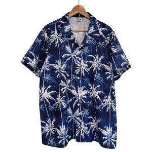 Hawalili Men Large Blue Hawaiian Palm Tree Button Up Short Sleeve Collard Shirt